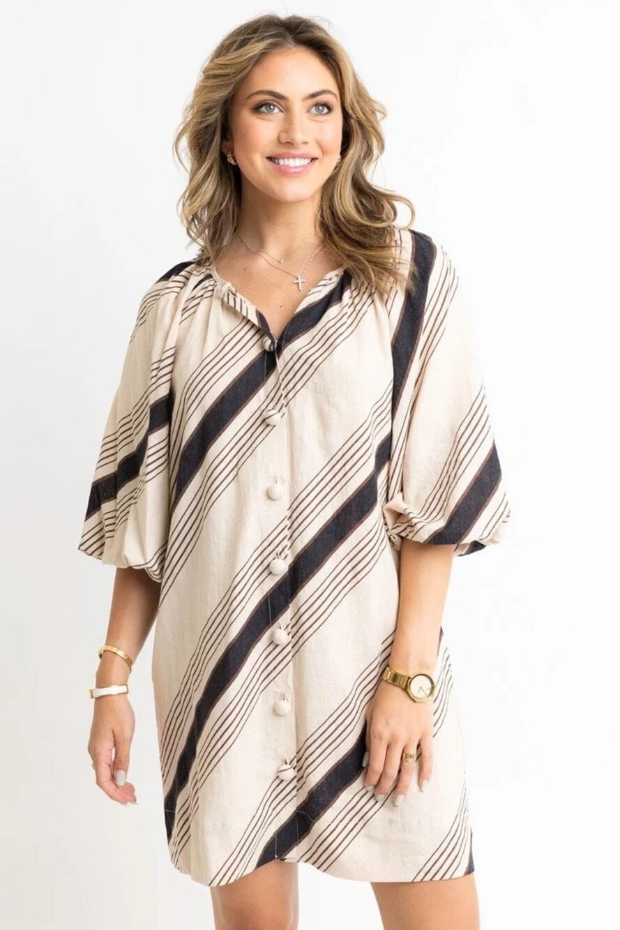 Karlie Stripe Puff Sleeve Button Dress
